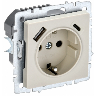 Розетка 1-местная IEK BRITE РЮш11-1-БрКр (BR-R14-16-U22-018-K10) с заземлением, с защитными шторками, 16А, с USB A+C 18 Вт, бежевый