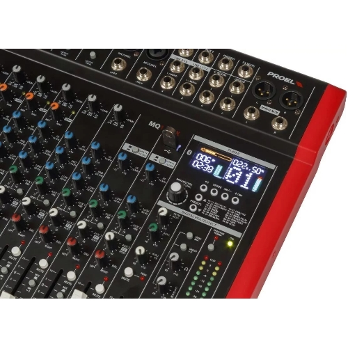 Микшерный пульт PROEL [MQ1222X] 12-ти канальный, 24 бит/48 кГц DSP, Bluetooth, медиа-плеер, 4x Combo XLR мик./лин. входа, 2x XLR+1/4" TRS (L/R) стерео мик./лин. входа, 2x XLR+1/4" TRS Main вых., 2x2 USB аудио интерфейс, 2x USB-A порта