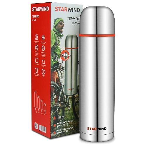 Термос Starwind 20-1200 1.2 л, серебристый/красный, картонная коробка