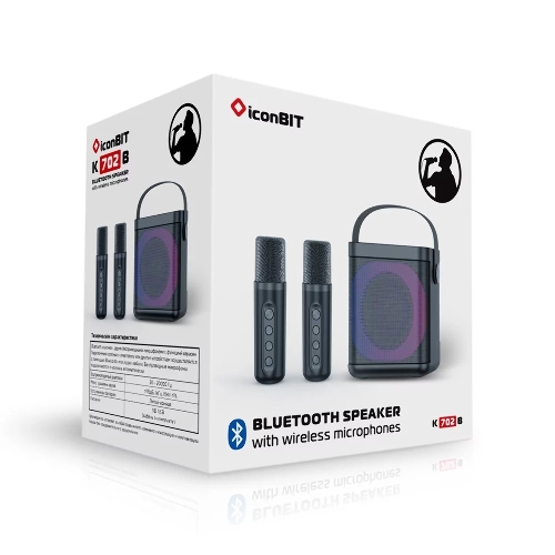 Переносная караоке система TRS2406 iconBIT K702B Колонка 10Вт, 2 микрофона Bluetooth, подсвктка, с аккумулятор в колонке 1500mAh и микрофонах, 16*12*16.7 CM, черный