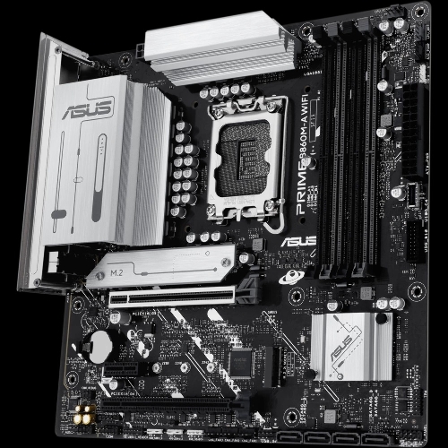 Материнская плата ASUS PRIME B860M-A WIFI, LGA 1851, Intel B860, 4xDDR5, 4xSATA, 2xM.2, 1xPCIe 5.0 x16, 1xPCIe 4.0 x16, 1xPCIe 4.0 x1, 2xDP, 1xHDMI, 1x 2.5Gb LAN, 1xUSB-C 20Gbps, 1xUSB-A 10Gbps, 2xUSB-A 5Gbps, 4xUSB-A 2.0, 3x3.5 мм, 7.1, micro-ATX.