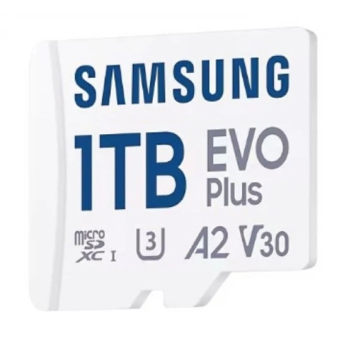 Флеш карта Samsung EVO Plus, microSDXC 1Tb, Class 10, A2, V30, UHS-I (U3), W 90 МБ/с, R 160 МБ/с, адаптер на SD