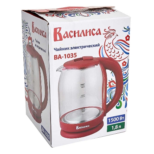Чайник электрический ВАСИЛИСА ВА-1035 1.8 л, стекло, бордовый, 1500 Вт(12)