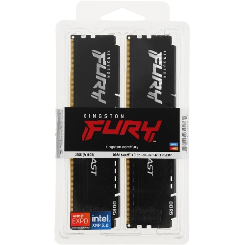 Оперативная память Kingston Fury Beast, DDR5, 32Gb (2x16Gb), 6400MHz, CL32, DIMM, с радиатором, черный