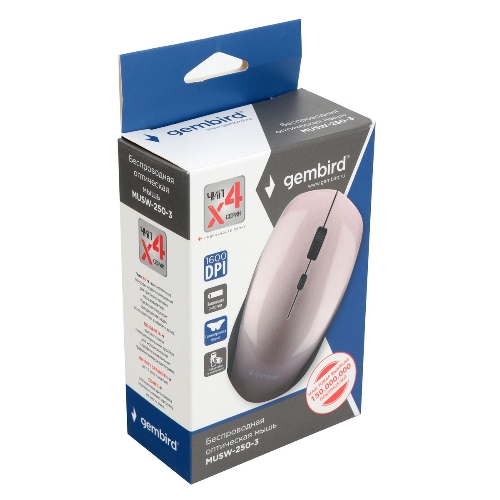 Мышь беспроводная Gembird MUSW-250-3 розовый, 1600 dpi, радиоканал, USB, кнопки - 4
