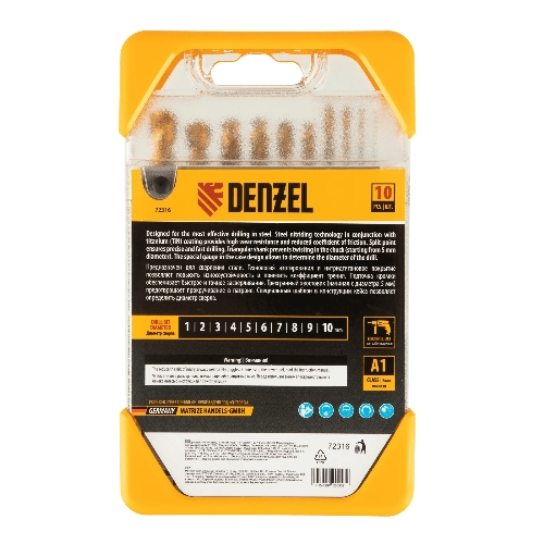 Набор сверл по металлу Denzel 1-10 мм, HSS-Tin, Golden Tip, 10 шт