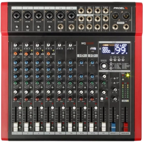 Микшерный пульт PROEL [MQ1222X] 12-ти канальный, 24 бит/48 кГц DSP, Bluetooth, медиа-плеер, 4x Combo XLR мик./лин. входа, 2x XLR+1/4" TRS (L/R) стерео мик./лин. входа, 2x XLR+1/4" TRS Main вых., 2x2 USB аудио интерфейс, 2x USB-A порта