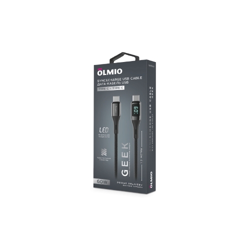 Кабель OLMIO GEEK, Type-C - Type-C, 60W, 1.2м, тканевая оплетка, LCD, черный