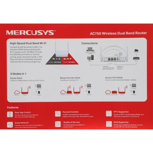 Роутер Mercusys MR20 AC750 Dual-Band Wi-Fi RouterSPEED: 300 Mbps at 2.4 GHz + 433 Mbps at 5 GHzSPEC: 2× Fixed External Antennas, 2× 10/100 Mbps LAN Ports, 1× 10/100 Mbps WAN PortFEATURE: Router/Access Point Mode Mode, WPS/Reset Button, IPTV, IPv6, Parental Controls