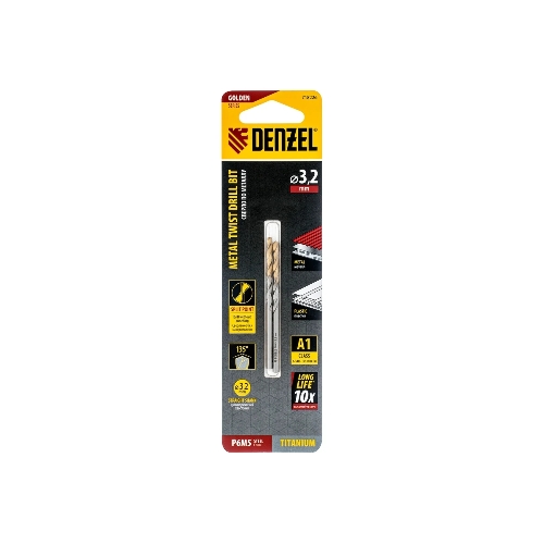 Сверло спиральное по металлу Denzel 3,2 x 65мм, Р6М5, Golden Tip, 2 шт.