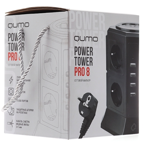 Сетевой фильтр Qumo Power Tower Pro 8SP4U (P-0002), 8 розеток, 2200 Вт, 10A, кабель 2 м 3*1 мм чистая медь, пожаробезопасный пластик, евровилка, 4 USB порта 4.5A суммарно
