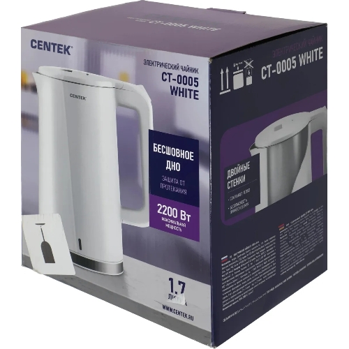 Чайник электрический Centek CT-0005 2200 Вт, 1.7 л, белый