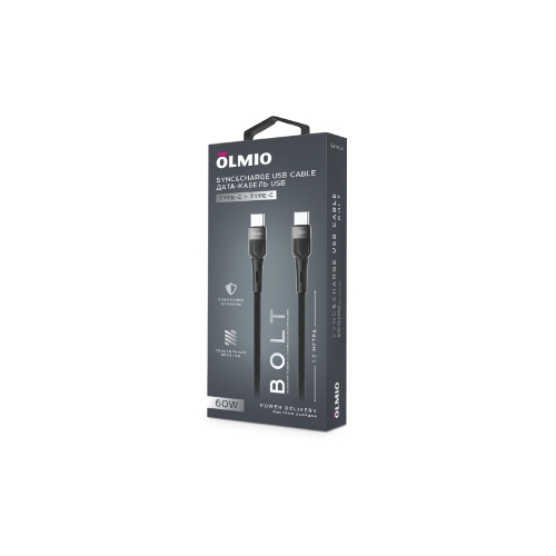 Кабель OLMIO BOLT, Type-C - Type-C, 60W, 1.2м, тканевая оплетка, черный