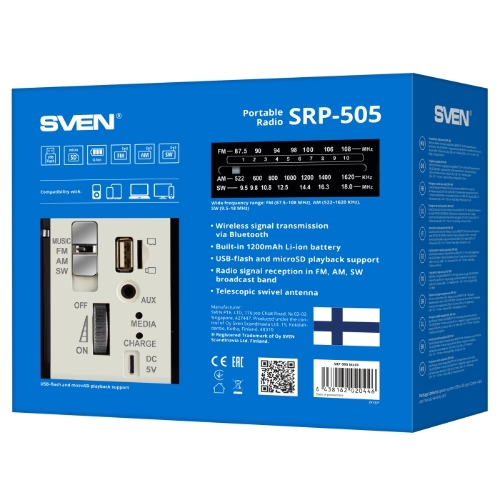 Радиоприемник белый SVEN SRP-505 (4 Вт, FM/AM/SW, USB, SD/microSD, Bluetooth, 1200 мАч)