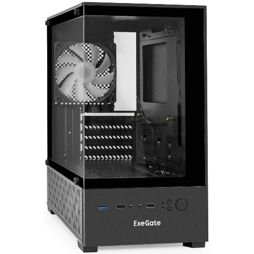 Компьютерный корпус Minitower ExeGate i3 SEA (mATX, без БП, 1*USB+1*USB 3.0, HD аудио, черный, 1 вент. 12см с RGb подсветкой, передняя и боковая панели - закаленное стекло)