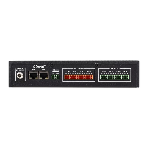 Конвертор Intrend ITDAN-PTR44 Dante - аналог. 4 входа/4 выхода phoenix, 2xRJ45(Dante). встроенный аудиопроцессор (gain, phantom power, mute). Управление ethernet/RS232. Питание 12V