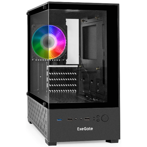 Компьютерный корпус Minitower ExeGate i3 SEA (mATX, без БП, 1*USB+1*USB 3.0, HD аудио, черный, 1 вент. 12см с RGb подсветкой, передняя и боковая панели - закаленное стекло)