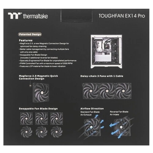 Вентилятор Thermaltake Toughfan EX14 Pro реверсивный 140x140x25mm черный 4-pin 31.6-34.1dB Ret (CL-F172-PL14BL-A)