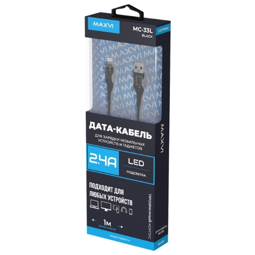 Дата-кабель Maxvi MC-33L USB-Lightning 2.4А, прозрачный корпус, LED подсветка, 1м, черный