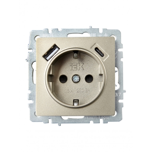 Розетка 1-местная IEK BRITE РЮш11-1-БрШ (BR-R14-16-U22-018-K37) с заземлением, с защитными шторками, 16А, с USB A+C 18 Вт, шампань
