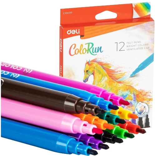 Фломастеры Deli EC10000 ColoRun, вентилируемый колпачок, 12 цветов, коробка с европодвесом