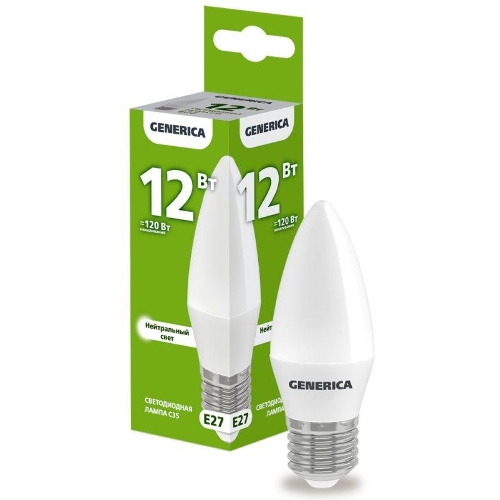 Лампа светодиодная GENERICA LL-C35-12-230-40-E27-G C35 12Вт свеча 4000К E27 230В