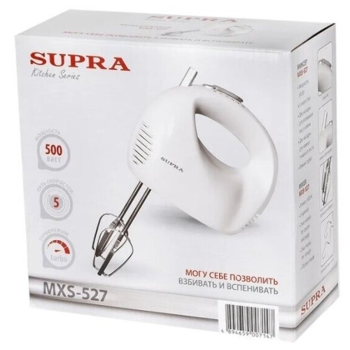 Миксер SUPRA MXS-527 500 Вт.Режим Турбо. 5 скоростей. Две насадки: для взбивания яиц и крема и для замеса тяжелого теста. белый.