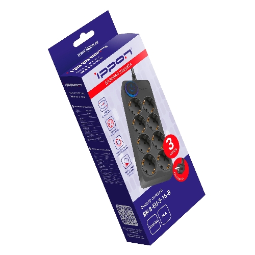 Сетевой фильтр Ippon BK-8-EU-3-16-B 3 м, 8 розеток, черный, коробка