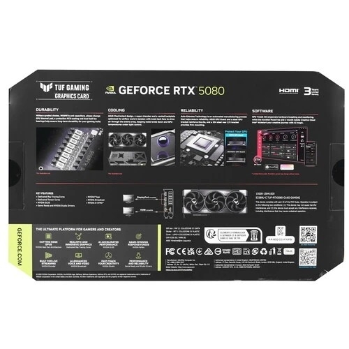 Видеокарта ASUS TUF-RTX 5080-O16G-GAMINGRTX 5080,HDMIx2,DPx3,16G,D7; 90YV0M30-M0NA00 (TUF-RTX 5080-O16G-GAMING)