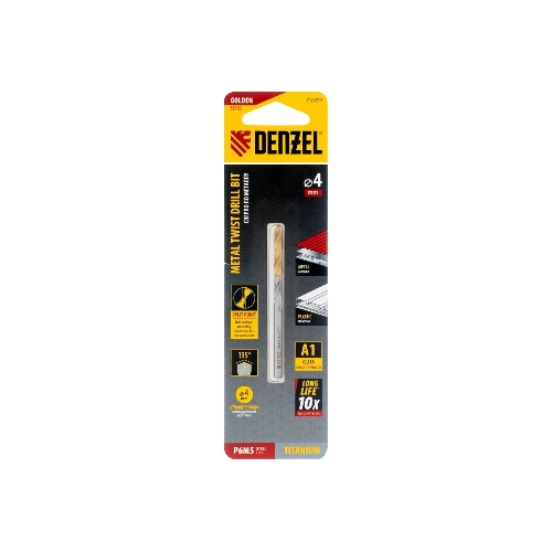 Сверло спиральное по металлу Denzel 4 x 75мм, Р6М5, Golden Tip