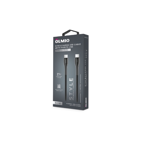 Кабель OLMIO STYLE, Type-C - Type-C, 60W, 1.2м, тканевая оплетка, черный
