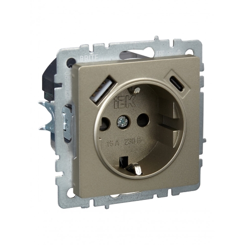 Розетка 1-местная IEK BRITE РЮш11-1-БрШ (BR-R14-16-U22-018-K37) с заземлением, с защитными шторками, 16А, с USB A+C 18 Вт, шампань