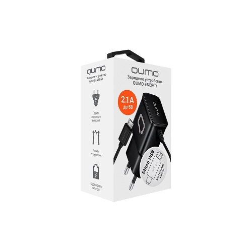 Сетевое зарядное устройство Qumo Energy (Charger 0024) 2.1A, встроенный кабель MicroUSB, черный