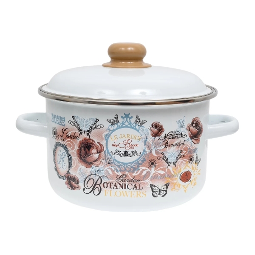Кастрюля Appetite 1RD201М Roses с крышкой, эмалированная сталь, цилиндрическая 4 л