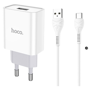 Блок питания (сетевой адаптер) HOCO C81A Asombroso single 1xUSB с кабелем Type-C, 2.1A, 10W, белый
