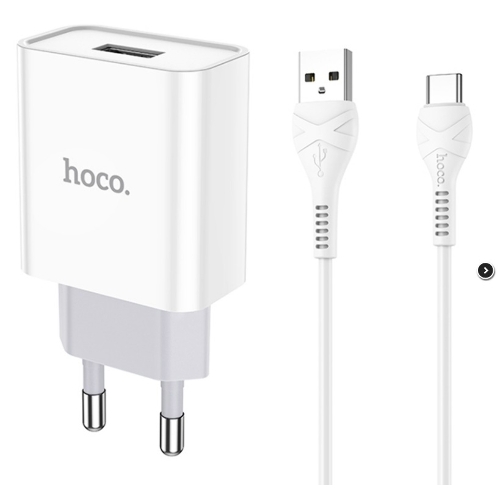 Блок питания (сетевой адаптер) HOCO C81A Asombroso single 1xUSB с кабелем Type-C, 2.1A, 10W, белый