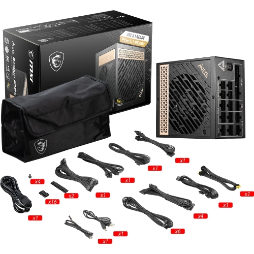 Блок питания MSI MEG Ai1300P (306-7ZP4A11-CE0), 1300Вт, 80 PLUS Platinum, 120мм, модульный, черный/золотой