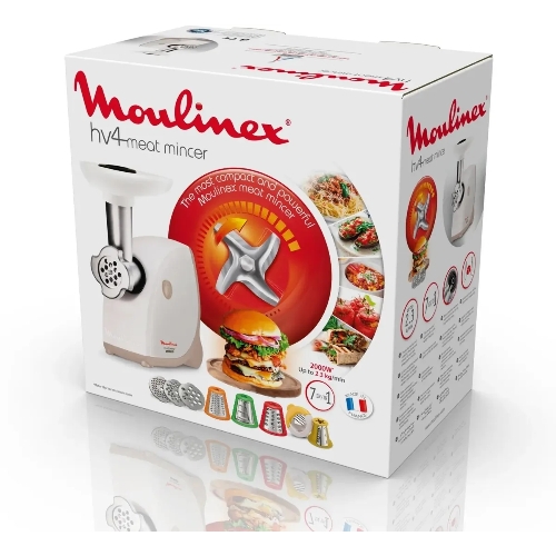 Мясорубка электрическая Moulinex ME476132 белый/бежевый, 2000 Вт, 2.3 кг/мин, защита от перегрузки, насадки - 9