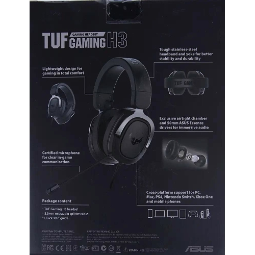 Гарнитура ASUS TUF Gaming H3 чёрный/серый, проводная, mini jack 3.5 мм, регулятор громкости, отключаемый микрофон