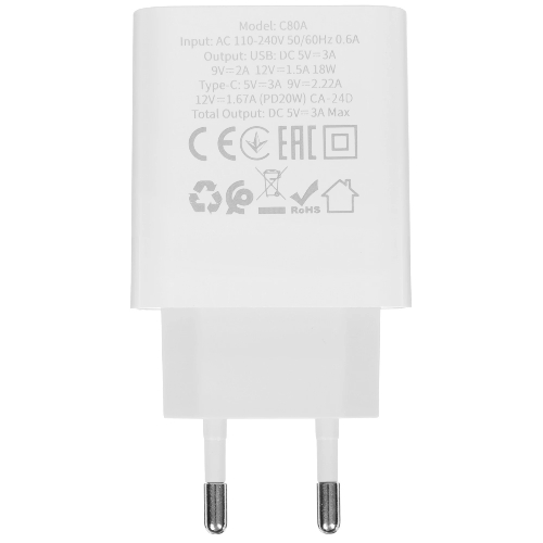 Блок питания (сетевой адаптер) HOCO C80A Rapido PD+QC3.0, 20W два порта (1хUSB-A, 1хType-C), белый