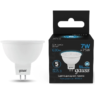 Лампа светодиодная Gauss 101505307 7Вт цок.:GU5.3 рефлек. 150B св.свеч.бел.хол. MR16 (упак.:10шт)