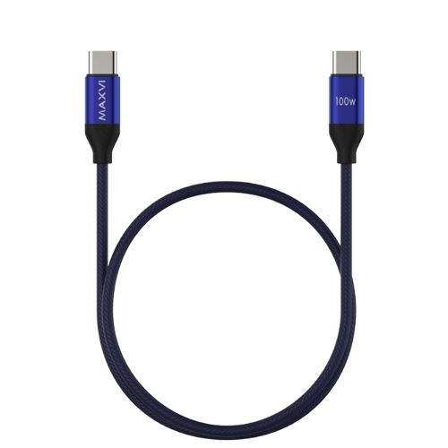 Кабель Maxvi MCw-100TT blue USB-C - USB-C, 5A разъемы USB-C - USB - C, Максимальная мощность 100W, ток макс. нагрузки 5А, макс. напряжение 20V;стандарт USB 3.1, длина 1.2м, нейлоновая оплетка, металлические корпуса разъемов, цвет синий.