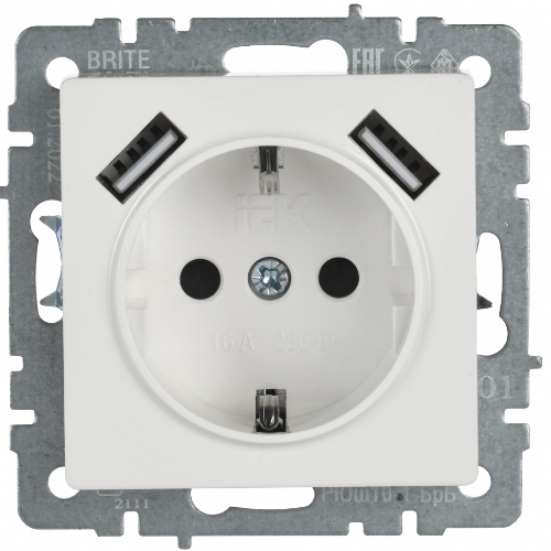 Розетка 1-местная IEK BRITE РЮш10-1-БрБ (BR-R14-16-U21-D21-K01) 16А, с USB A+A 2.1А, с заземлением с защитными шторками, белый