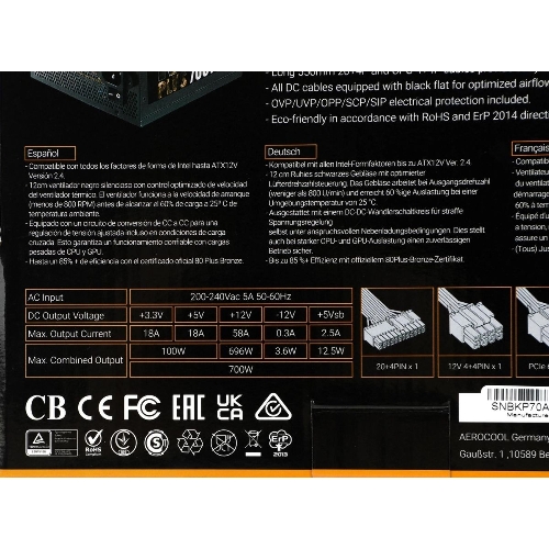 Блок питания Aerocool/Formula AC KCAS PLUS 700, 700Вт, 80 PLUS Bronze, 120мм черный (аналог Aerocool KCAS PLUS 700W)