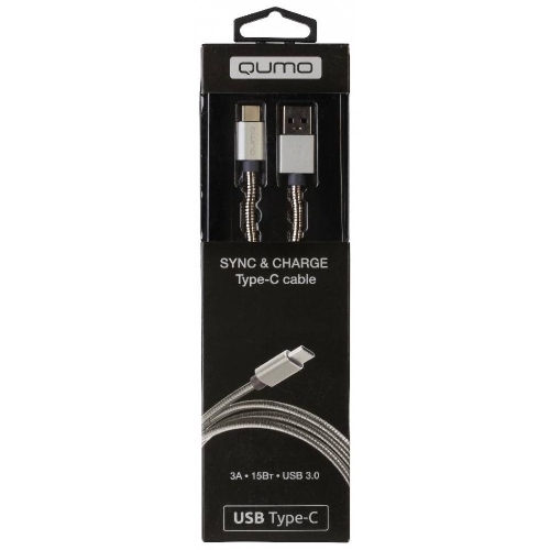 КабельQumo Type-С кабель, 1м, USB 3.0, 5В, 3А, 15Вт, металлическая оплетка, металлический коннектор, серебряный