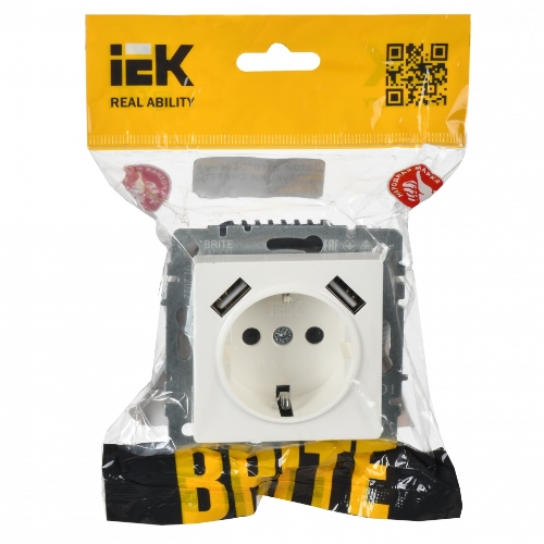 Розетка 1-местная IEK BRITE РЮш10-1-БрБ (BR-R14-16-U21-D21-K01) 16А, с USB A+A 2.1А, с заземлением с защитными шторками, белый