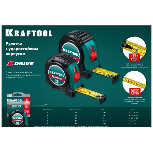 Рулетка KRAFTOOL X-Drive 3м/19мм с ударостойким обрезиненным корпусом
