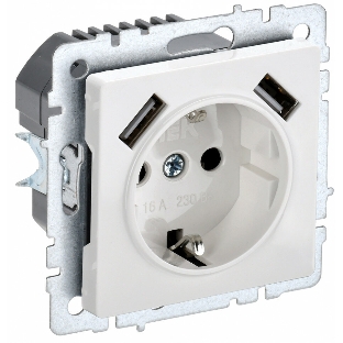 Розетка 1-местная IEK BRITE РЮш10-1-БрБ (BR-R14-16-U21-D21-K01) 16А, с USB A+A 2.1А, с заземлением с защитными шторками, белый