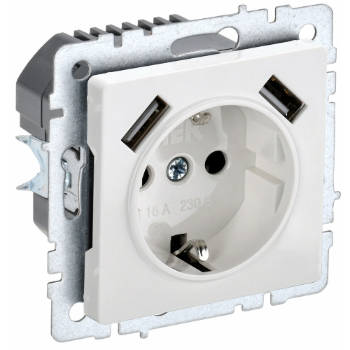 Розетка 1-местная IEK BRITE РЮш10-1-БрБ (BR-R14-16-U21-D21-K01) 16А, с USB A+A 2.1А, с заземлением с защитными шторками, белый