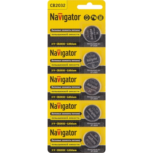 Элемент питания литиевый Navigator CR2032 NBT-CR2032-BP5 (блист.5шт), 3 В